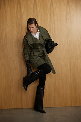 Dik yaka Kemerli Trençkot - Haki