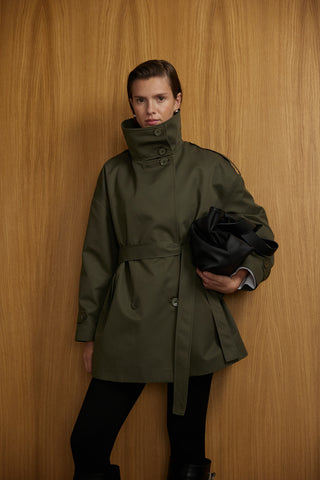 Dik yaka Kemerli Trençkot - Haki