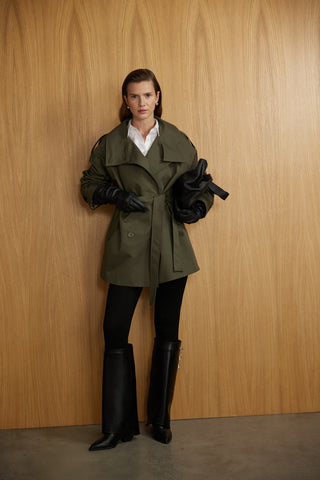 Dik yaka Kemerli Trençkot - Haki