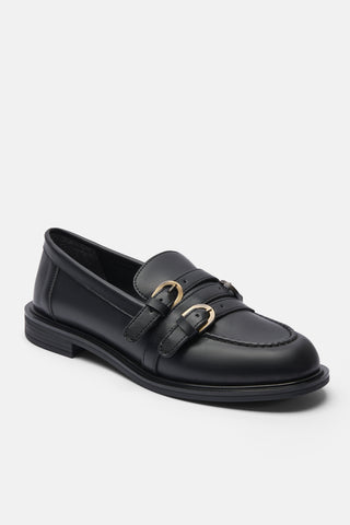 Üç Bantlı Yuvarlak Burun Loafer | Spencer - Siyah