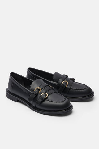 Üç Bantlı Yuvarlak Burun Loafer | Spencer - Siyah
