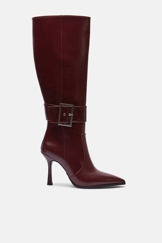 Metal Tokalı İnce Topuklu Çizme | Gala - Bordo