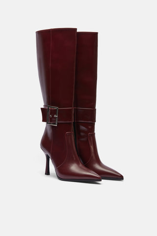 Metal Tokalı İnce Topuklu Çizme | Gala - Bordo