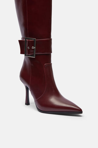 Metal Tokalı İnce Topuklu Çizme | Gala - Bordo
