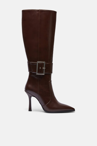 Metal Tokalı İnce Topuklu Çizme | Gala - Kahverengi