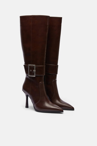 Metal Tokalı İnce Topuklu Çizme | Gala - Kahverengi