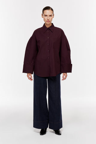 Manşet Kollu Oversize Gömlek - Bordo