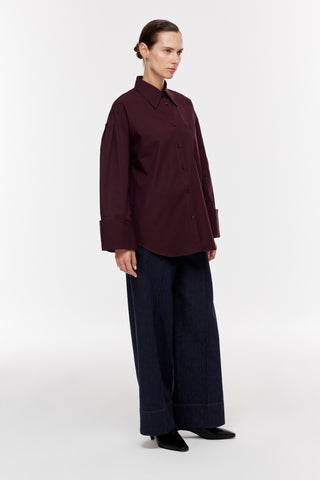 Manşet Kollu Oversize Gömlek - Bordo