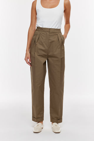 Çift Pileli Gabardin Pantolon - Haki