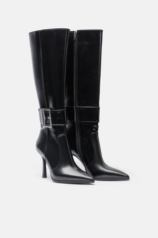 Metal Tokalı İnce Topuklu Çizme | Gala - Siyah