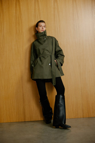 Dik yaka Kemerli Trençkot - Haki