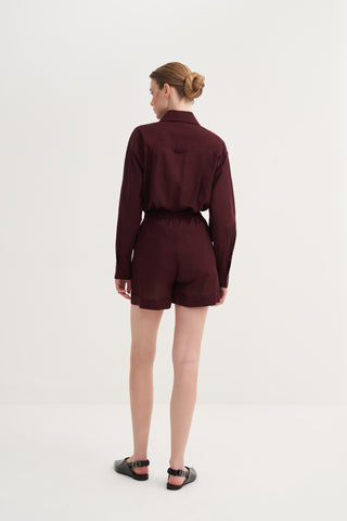 Basic Keten Şort - Bordo