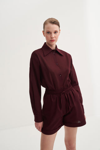 Basic Keten Şort - Bordo