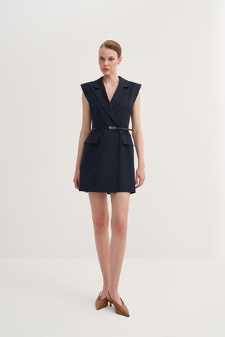 Kolsuz Kemerli Blazer Elbise - Lacivert