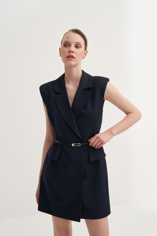 Kolsuz Kemerli Blazer Elbise - Lacivert