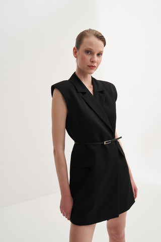 Kolsuz Kemerli Blazer Elbise - Siyah