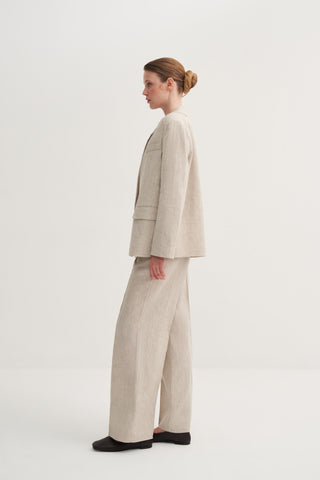 Oversize Keten Fit Blazer - Bej