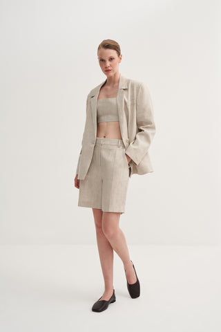 Oversize Keten Fit Blazer - Bej
