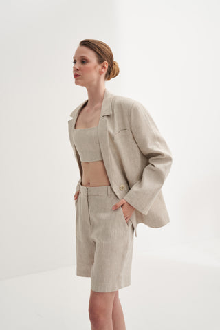 Oversize Keten Fit Blazer - Bej
