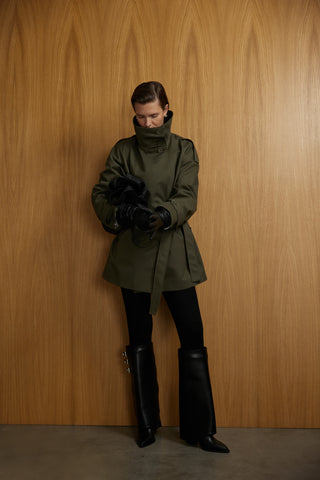 Dik yaka Kemerli Trençkot - Haki